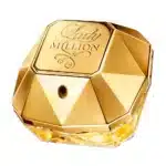 Frasco de perfume Lady Million dourado e luxuoso.