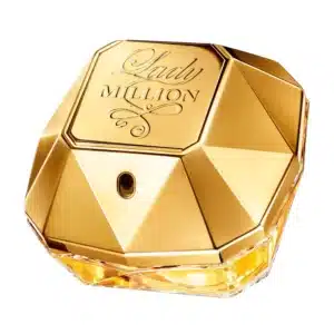 Frasco de perfume Lady Million dourado e luxuoso.
