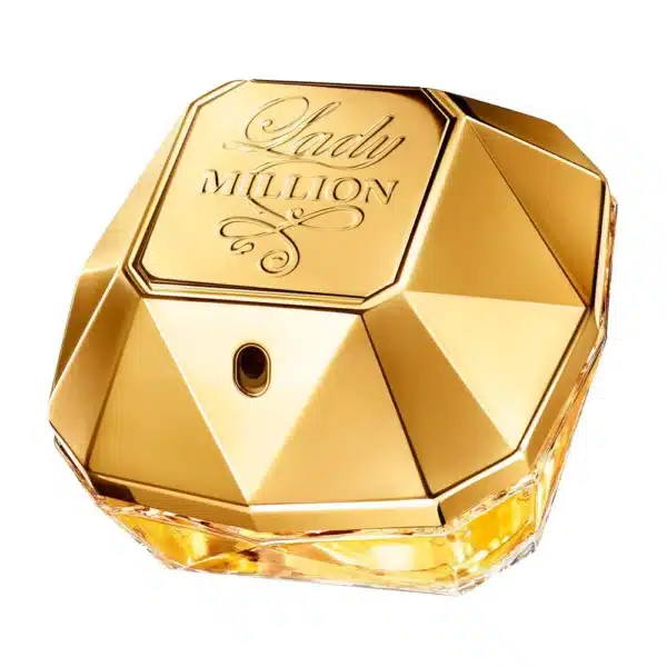 Frasco de perfume Lady Million dourado e luxuoso.