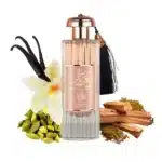 Frasco de perfume com flores e especiarias.