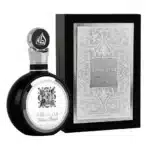 Frasco de perfume preto com embalagem sofisticada