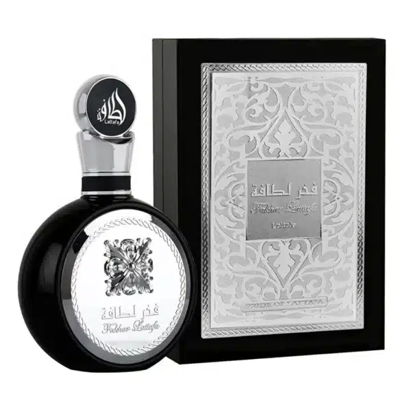 Frasco de perfume preto com embalagem sofisticada