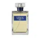 Frasco de perfume Veros Homme transparente e elegante.