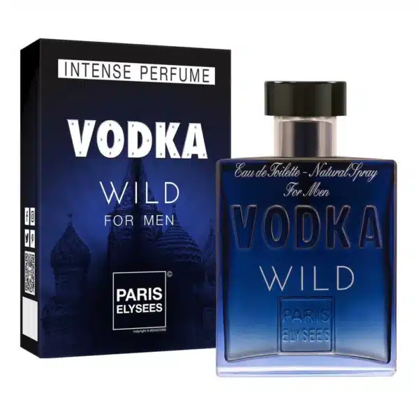 Perfume Vodka Wild para homens em embalagem azul.