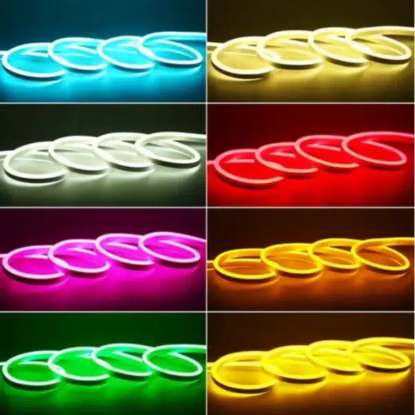 Luzes neon em diferentes cores e formatos.