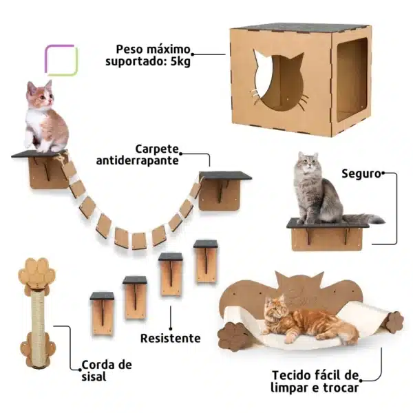Espaço para gatos com prateleiras e arranhador