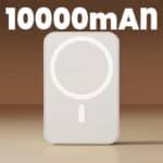 carregador portátil sem fio Magsafe 5000mAh branco carregando iPhone