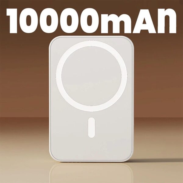 carregador portátil sem fio Magsafe 5000mAh branco carregando iPhone