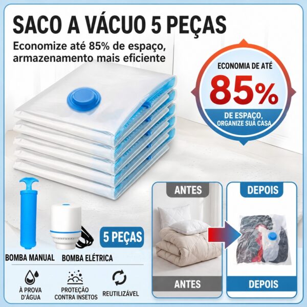 Casa: Kit Saco a Vácuo com Bomba para organização de roupas e economia de espaço