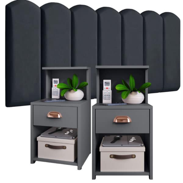 Conjunto de cabeceiras com mesa NÚVEM e CLÉO em quarto decorado