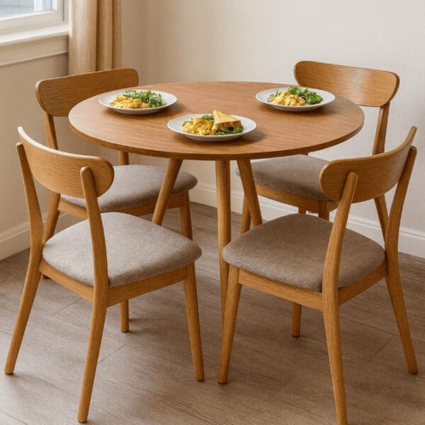 mesa de jantar redonda 70 cm tampo madeira base 3 pés palito da Viva Casa