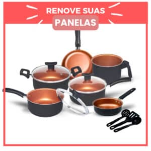 Panelas jogo 9 peças antiaderente Teflon com tampas de vidro sobre fundo claro