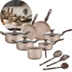 Panelas 10 peças antiaderente Coffee Cappuccino - conjunto com caçarola, frigideira, fervedor e kit talheres