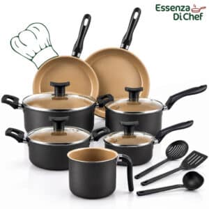 Panelas antiaderentes 10 peças alumínio Essenza Di Chef com utensílios e tampa de vidro