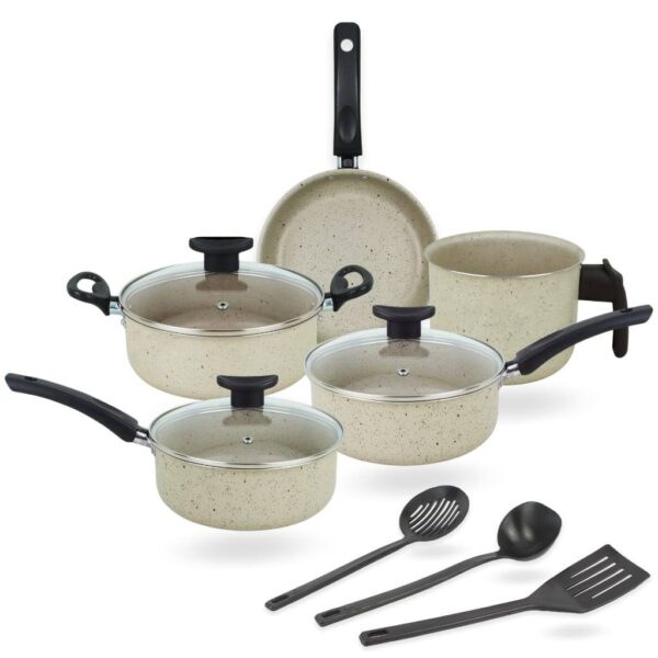 Panelas Marfim 8 Peças Teflon Premium com tampas de vidro - conjunto completo para cozinha