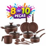 panelas antiaderente jogo 5 peças com tampas de vidro e utensílios cabos térmicos