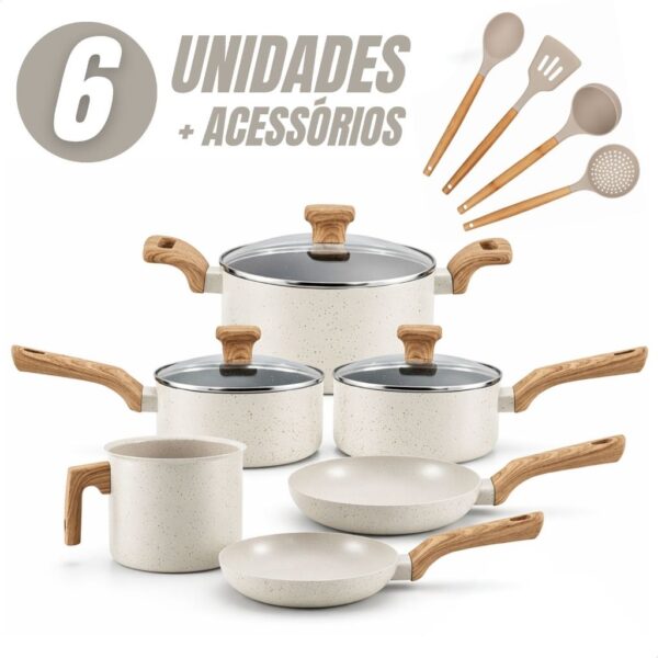 Panelas antiaderentes 6 peças com tampas de vidro e utensílios de cozinha