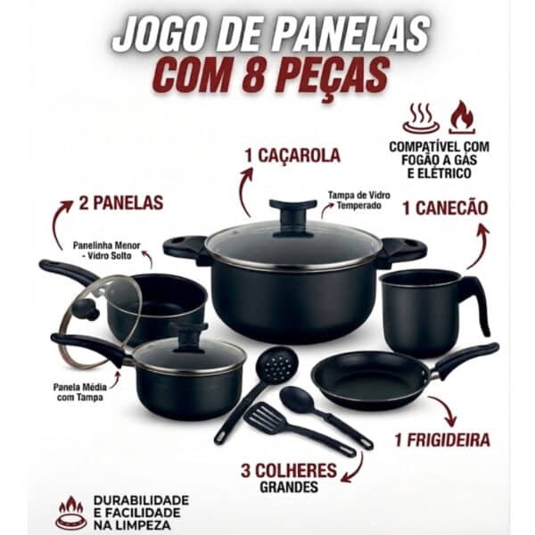 Panelas antiaderentes jogo 8 peças Lar Brilhante nas cores preto e cereja