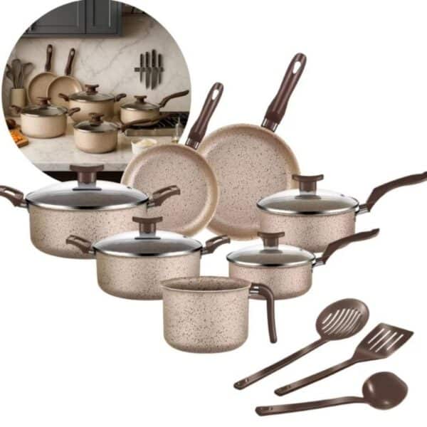 Panelas 10 peças antiaderente Coffee Cappuccino - conjunto com caçarola, frigideira, fervedor e kit talheres