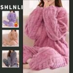 pijama feminino outono inverno conjunto lã grosso manga longa cintura elástica