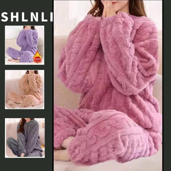 pijama feminino outono inverno conjunto lã grosso manga longa cintura elástica
