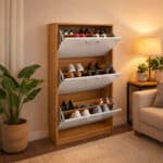 sapateira organizadora vertical com portas branca e cinza, design moderno, ambiente decorado