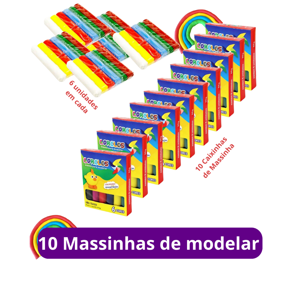 10 caixas massinha de modelar com 6 cores e 65g cada para kit festa infantil e lembrancinhas