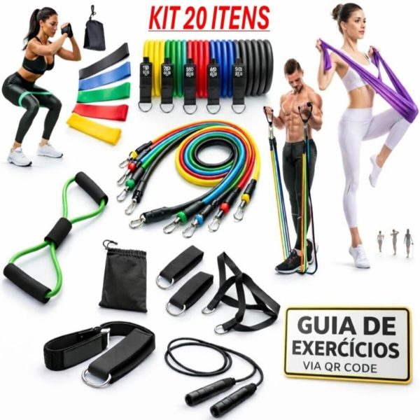 20 itens treino em casa com elásticos extensor, mini band, thera band e corda de pular