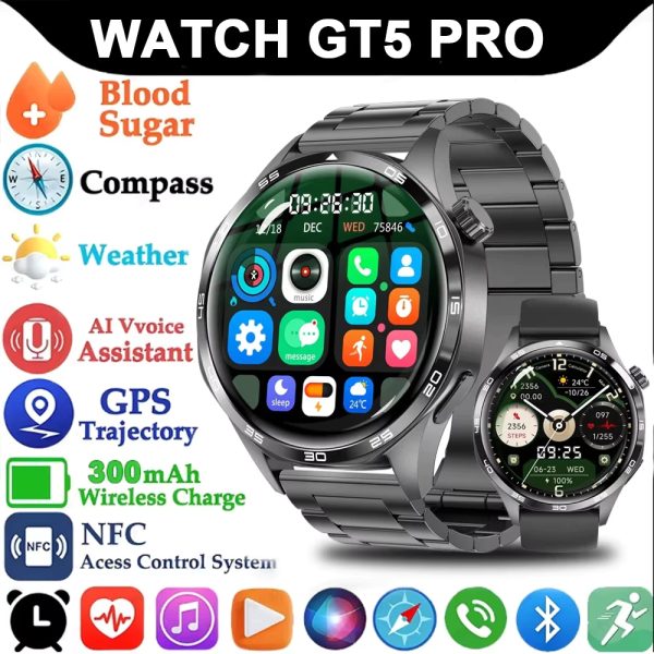 2026 GT5 Pro GPS smartwatch masculino com tela AMOLED HD, NFC e monitor cardíaco