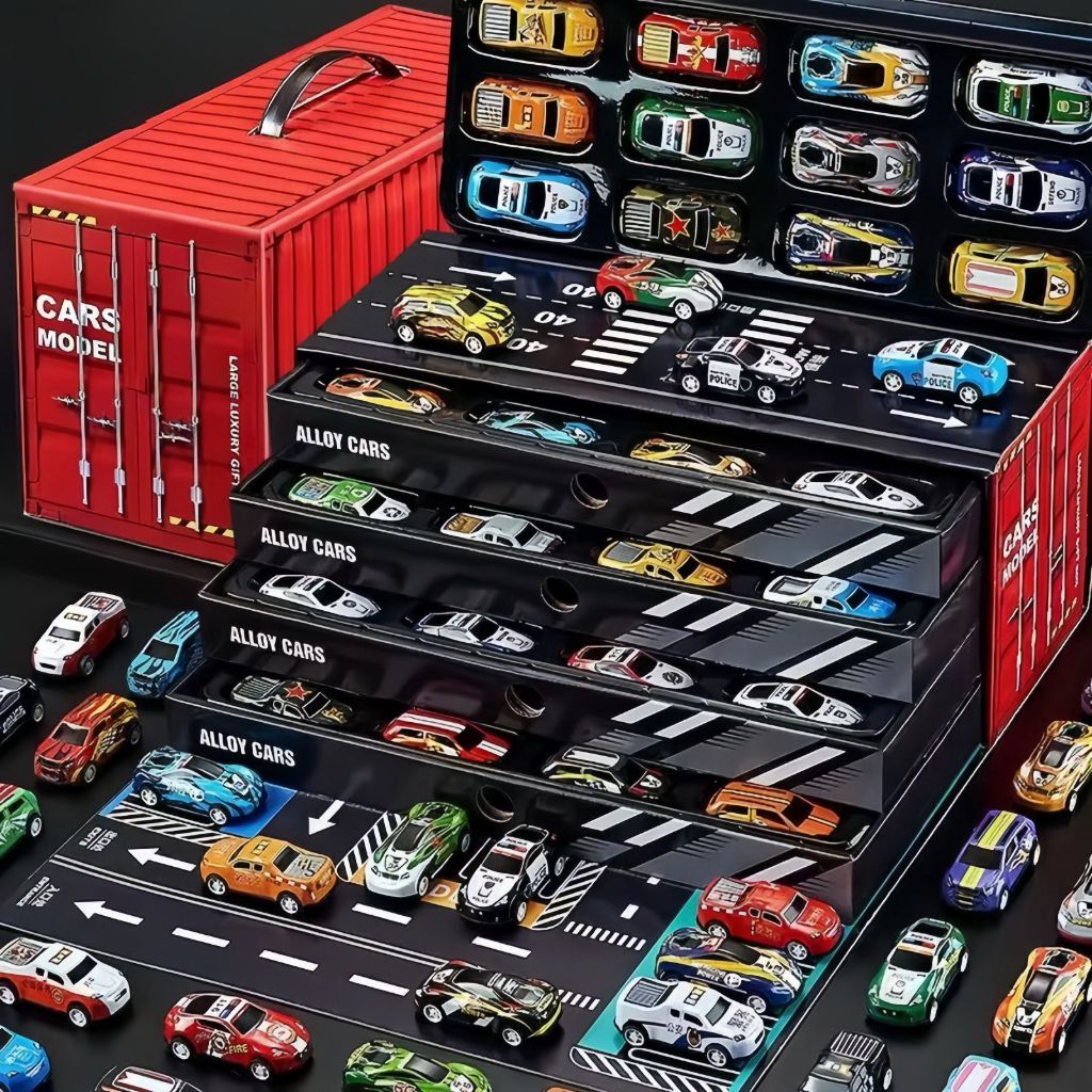 48 carrinhos com fricção de lata metálica coloridos e caixa container que vira pista