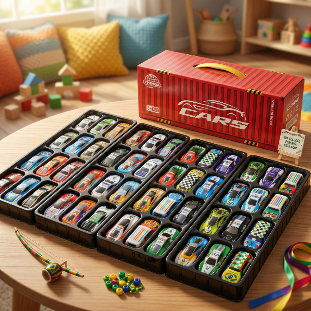 48 carrinhos de metal com maleta e pista, brinquedo de fricção para menino