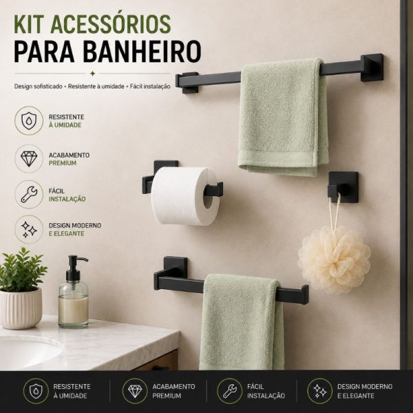acessorio banheiro kit 4 inox preto e dourado brilhante toalheiro 40 e 60 cm