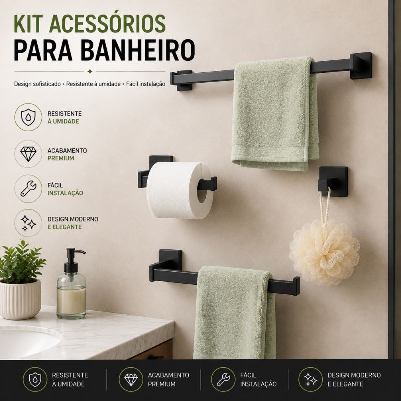 acessorio banheiro kit 4 inox preto e dourado brilhante toalheiro 40 e 60 cm