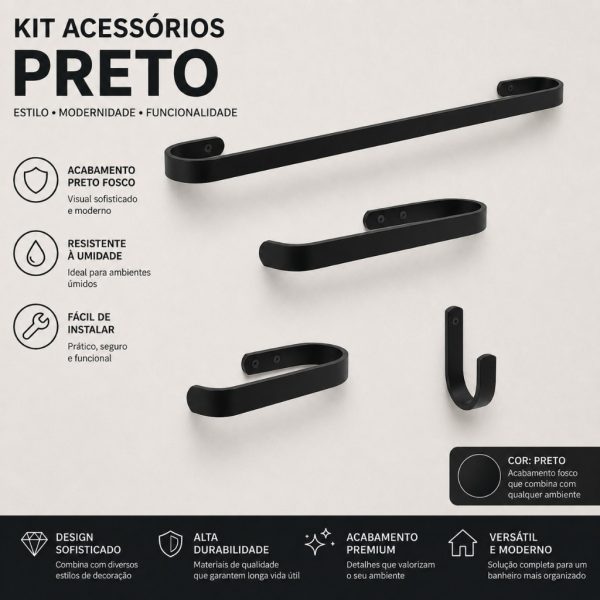 acessorio banheiro kit 4 peças preto com toalheiro e suportes em alumínio resistente