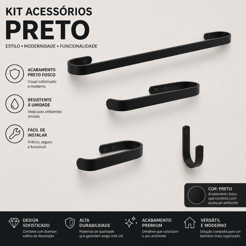 acessorio banheiro kit 4 peças preto com toalheiro e suportes em alumínio resistente