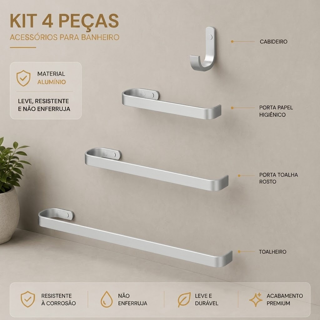 Acessório banheiro kit 4 peças cromado com toalheiro e suportes anti ferrugem