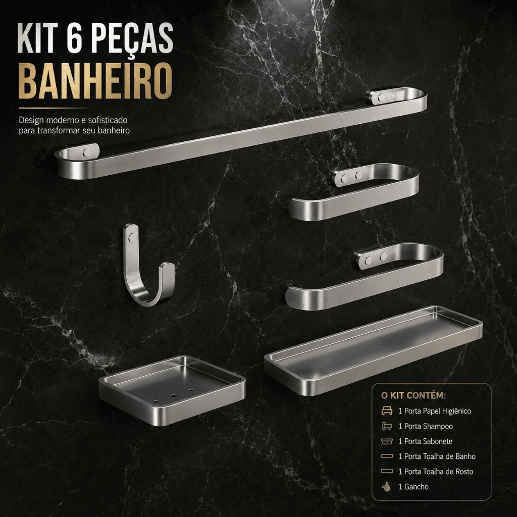 acessorio banheiro kit 6 peças cromado anti ferrugem alumínio porta toalha