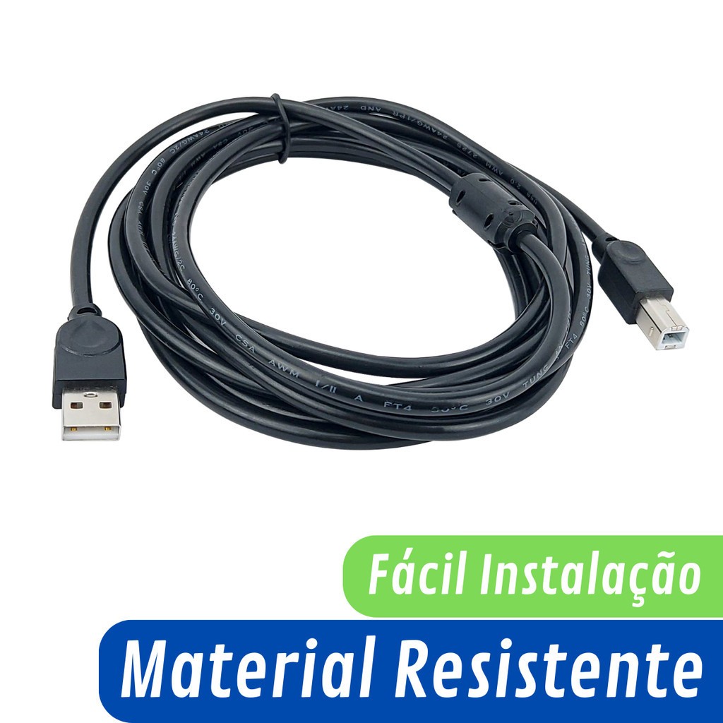 acessorio games cabo USB 2.0 Tipo B 5m para teclado, piano digital e controlador MIDI