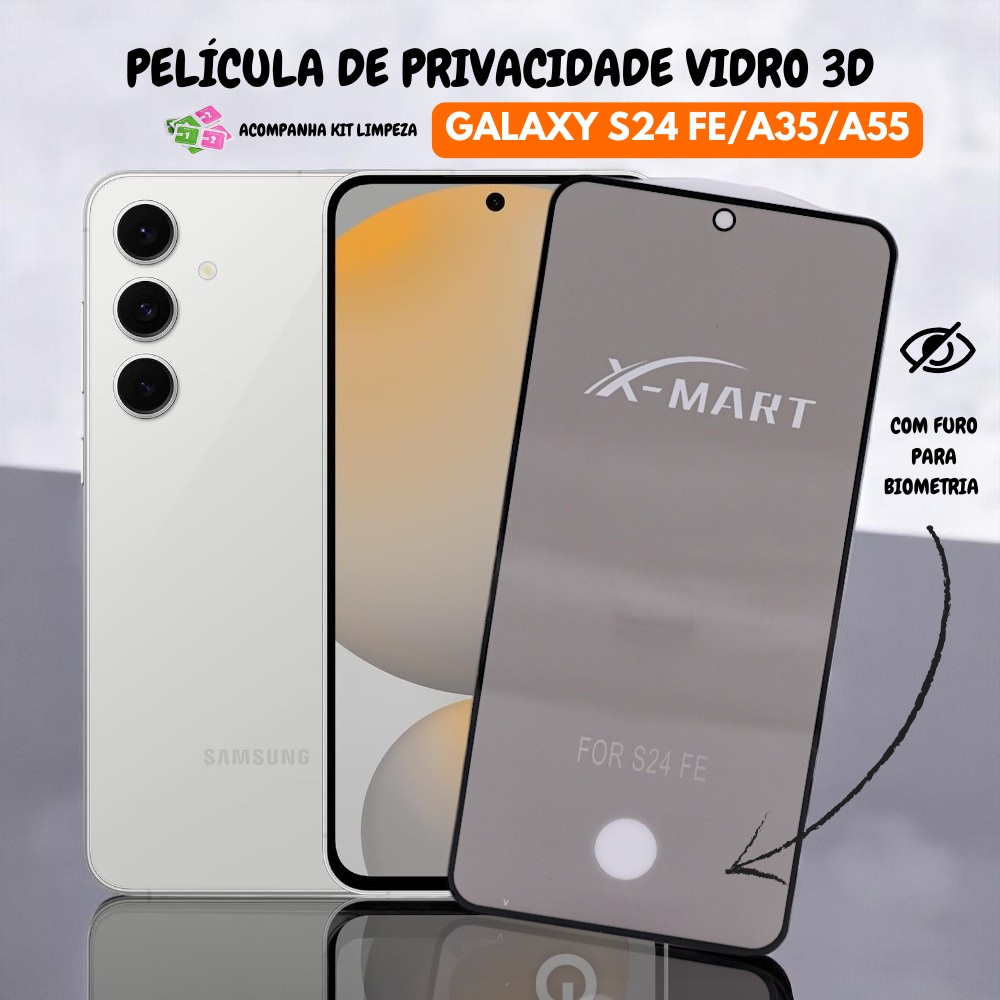 acessorios celular película de privacidade vidro 3D para Galaxy S24 FE A35 A55 com furo para digital