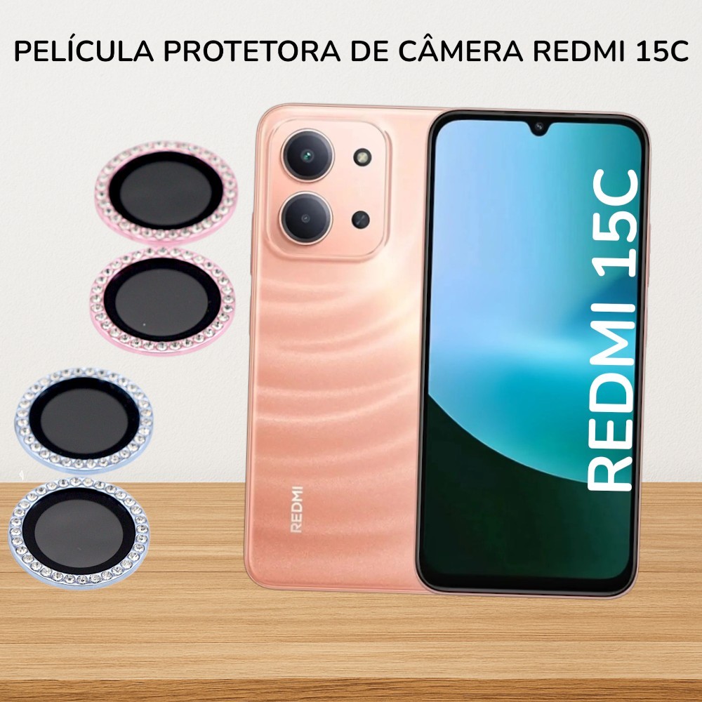 acessorios celular película de câmera com strass para Redmi 15C kit 2x proteção e brilho