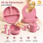 Alimentacao bebe com kit de silicone 8 peças, prato com ventosa, canudo, colher, garfo e babador