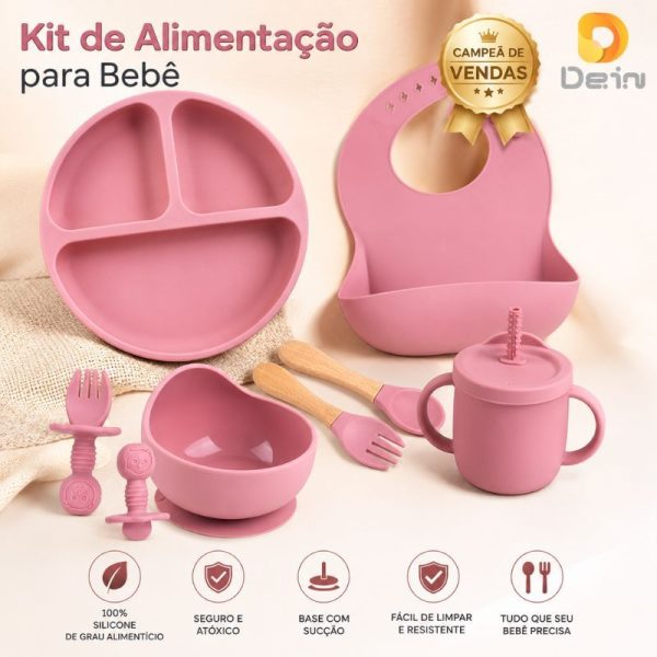 Alimentacao bebe com kit de silicone 8 peças, prato com ventosa, canudo, colher, garfo e babador