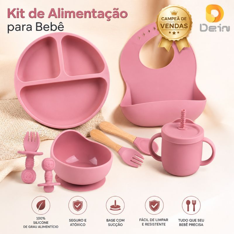 Alimentacao bebe com kit de silicone 8 peças, prato com ventosa, canudo, colher, garfo e babador