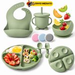 alimentação bebê silicone com 6 peças incluindo prato dividido com ventosa, babador, copo e talheres