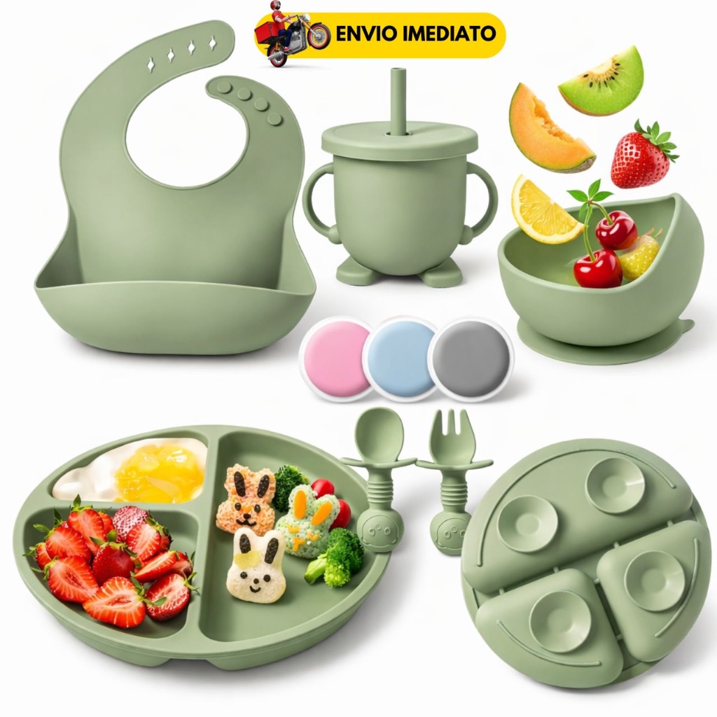 alimentação bebê silicone com 6 peças incluindo prato dividido com ventosa, babador, copo e talheres
