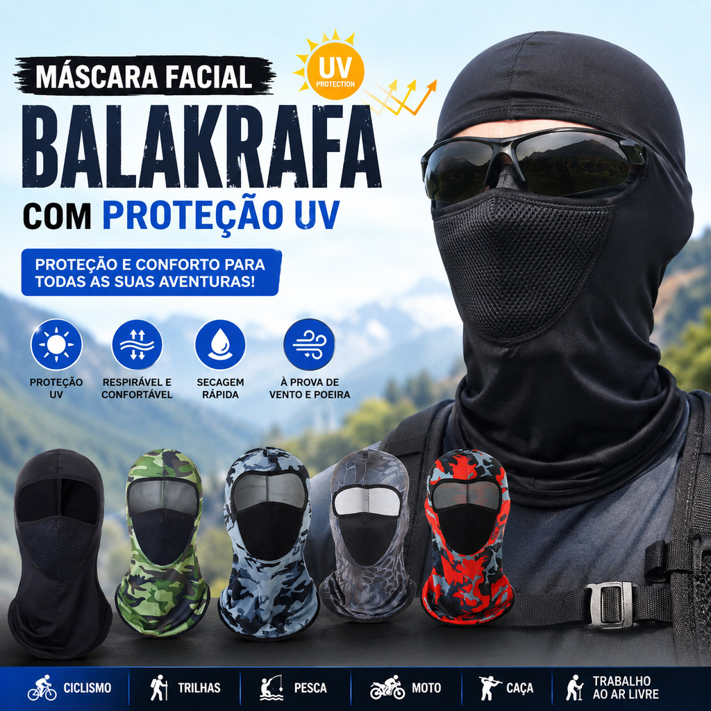Balaclava facial UV respirável para moto, pesca e esportes - proteção solar e conforto