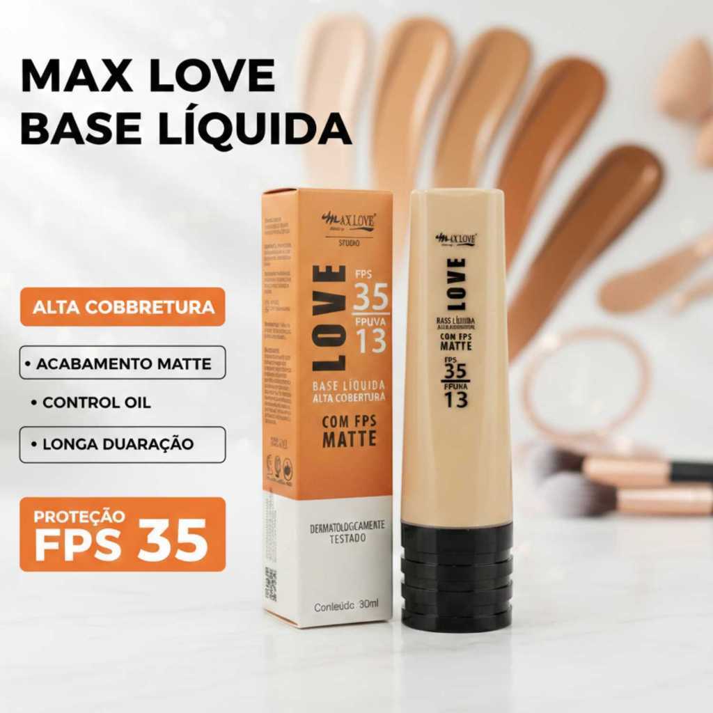 Base líquida maquiagem matte alta cobertura FPS 35 Max Love cores 50 a 61