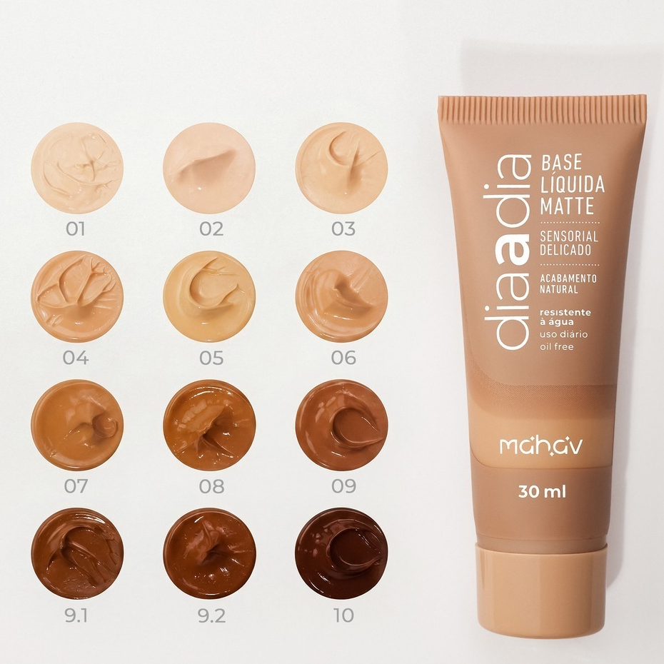 base liquida maquiagem matte Mahav em 8 tons da paleta 01 ao 08