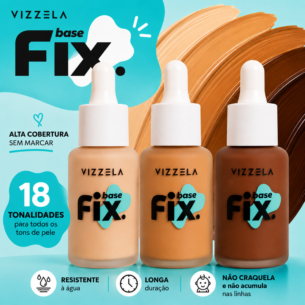 base liquida maquiagem VIZZELA Fix 30ml frasco com acabamento matte