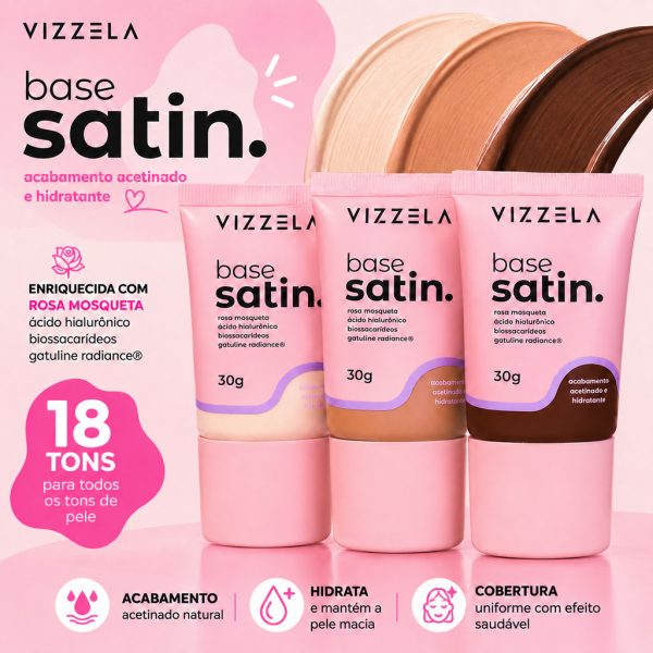 base liquida maquiagem Vizzela Satin 30g vegana cobertura media efeito glow